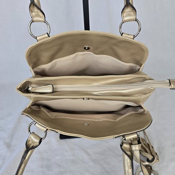 Ellen Tracy Leather Shoulder Bag Shimmer Gold Double Handle - Picture 4 of 16